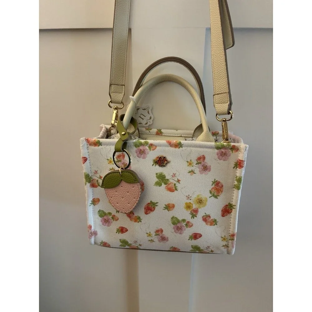 NWT Nanette Lepore Strawberry Convertible Satchel Floral Print AirTag Charm